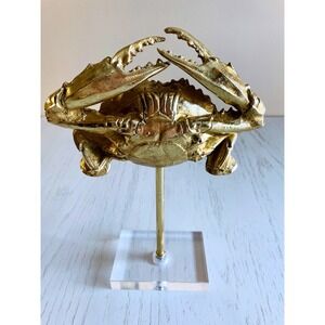 Gold Crab Sculpture on Acrylic Stand Coastal Decor Nautical Accent